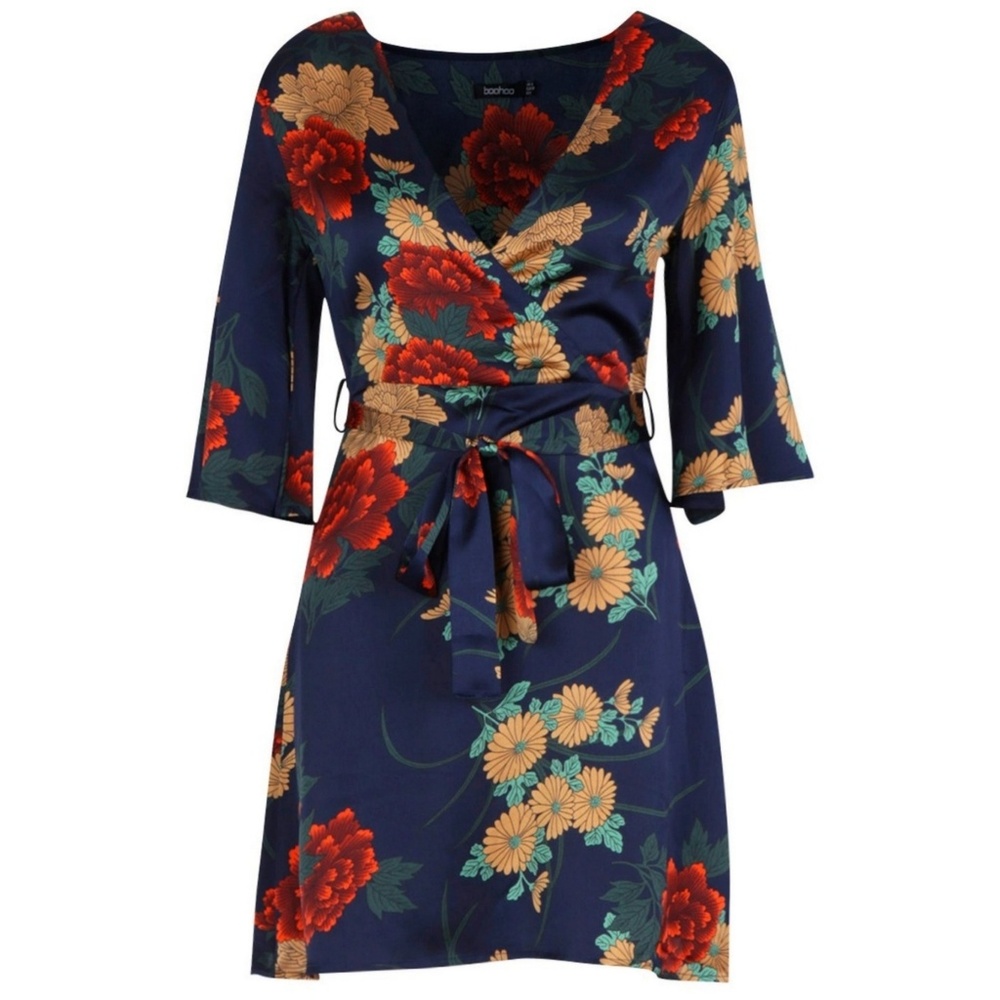 Satin Floral Satin Wrap Dress